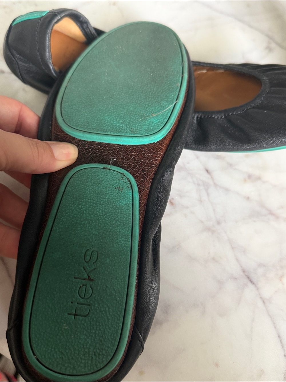 Tieks Black Leather Ballet Flats with Teal Accent 8 - Picture 3 of 5